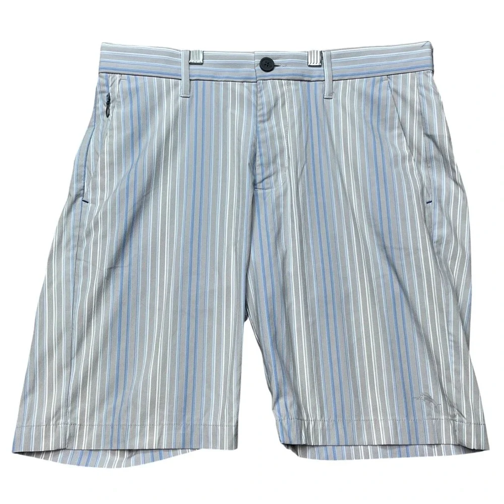 Tommy Bahama Boracay Shorts Mens 30 Gray Blue Striped Stretch Performance Marlin
